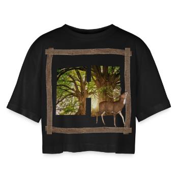 wald mit hirsch h - Frauen Oversized Cropped T-Shirt - Schwarz - Vorne - AI Model Female 172 light (172cm)