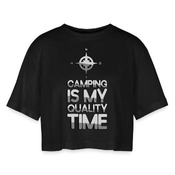CAMPING IS MY QUALITY TIME + Kompass - Camping - Frauen Oversized Cropped T-Shirt - Schwarz - Vorne - AI Model Female 172 light (172cm)