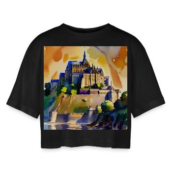 Mont Saint Michel - Aquarell - Frauen Oversized Cropped T-Shirt - Schwarz - Vorne - AI Model Female 172 light (172cm)