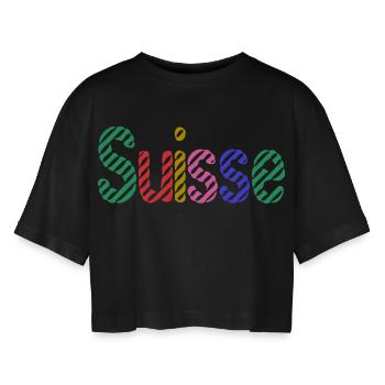SWITZERLAND. HUMOR. COUNTRY. FLAG. GENEVA. LAUSANNE - Women’s Oversized Cropped T-Shirt - black - Front - AI Model Female 172 light (172cm)
