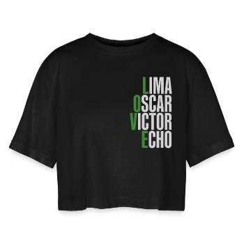 Lima Oscar Victor Echo #04 - Women’s Oversized Cropped T-Shirt - black - Front - AI Model Female 172 light (172cm)