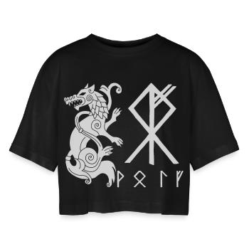 White Wolf Fenrir - Women’s Oversized Cropped T-Shirt - black - Front - AI Model Female 172 light (172cm)