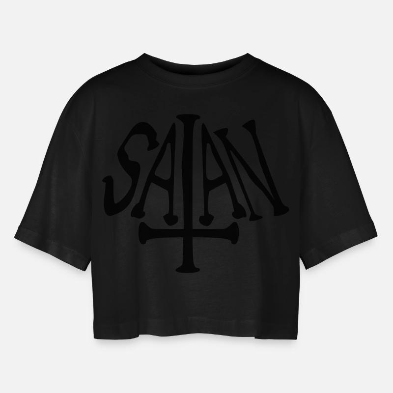 satan text cross evil logo - Women’s Oversized Cropped T-Shirt - black
