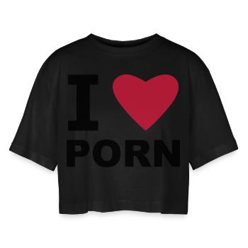 I love Porn - Women’s Oversized Cropped T-Shirt - black - Front - AI Model Female 172 light (172cm)