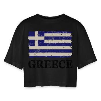 Greece Flag - Griechenland Flagge - Frauen Oversized Cropped T-Shirt - Schwarz - Vorne - AI Model Female 172 light (172cm)
