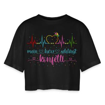 Fasching Herzschlag EKG Mein Herz schlägt Konfetti - Frauen Oversized Cropped T-Shirt - Schwarz - Vorne - AI Model Female 172 light (172cm)