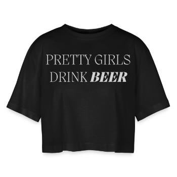 Hübsche Mädchen trinken Bier Druck - Frauen Oversized Cropped T-Shirt - Schwarz - Vorne - AI Model Female 172 light (172cm)
