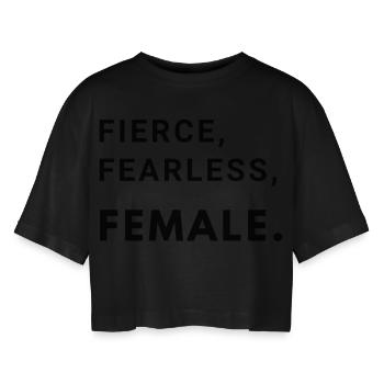 Fel, onverschrokken, vrouwelijk. - Vrouwen oversized cropped T-shirt - zwart - Voor - AI Model Female 172 light (172cm)