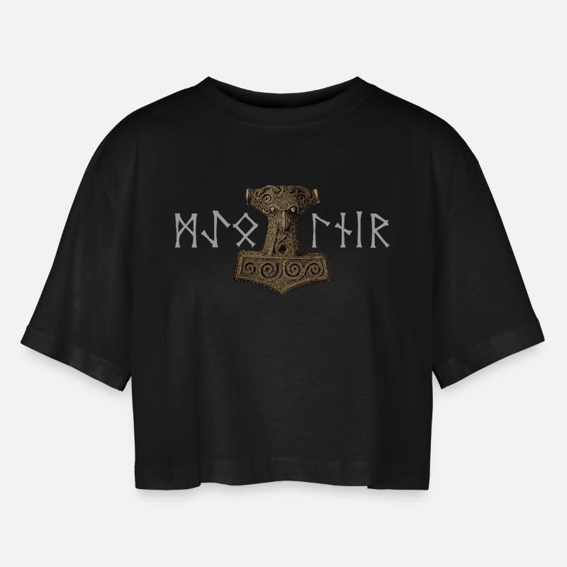 Mjölnir Älterer Futhark - Frauen Oversized Cropped T-Shirt - Schwarz