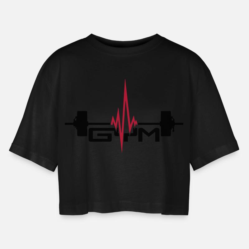 gym text logo weight lifting pulse frequency heart - Women’s Oversized Cropped T-Shirt - black