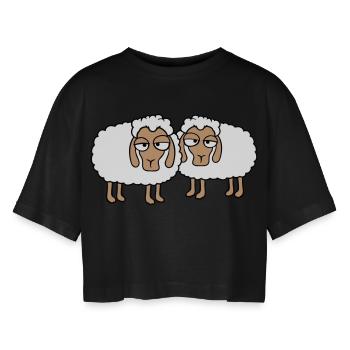 2 sheep tired bored look sheep team cute - Women’s Oversized Cropped T-Shirt - black - Front - AI Model Female 172 light (172cm)