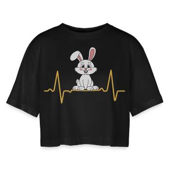 Rabbit Heartbeat Love Eared Bunny - Women’s Oversized Cropped T-Shirt - black - Front - AI Model Female 172 light (172cm)