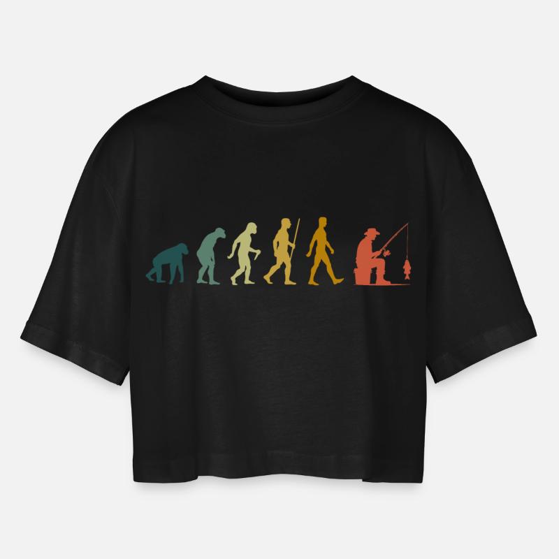 Fishing Evolution Retro Fishing Development Angler - Women’s Oversized Cropped T-Shirt - black