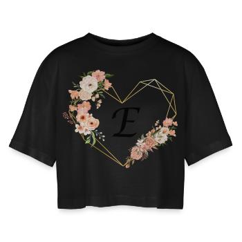 Buchstabe e florales goldenes Herz - Frauen Oversized Cropped T-Shirt - Schwarz - Vorne - AI Model Female 172 light (172cm)