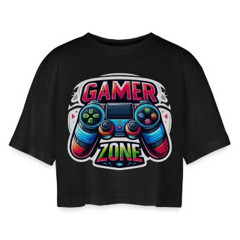 Gamer Zone - Controller Illustration - Women’s Oversized Cropped T-Shirt - black - Front - AI Model Female 172 light (172cm)