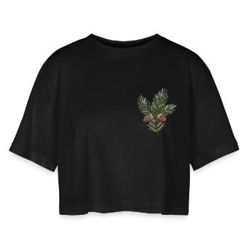 Bestickter Weihnachtszweig – dezent grün (gedruckt) - Frauen Oversized Cropped T-Shirt - Schwarz - Vorne - AI Model Female 172 light (172cm)