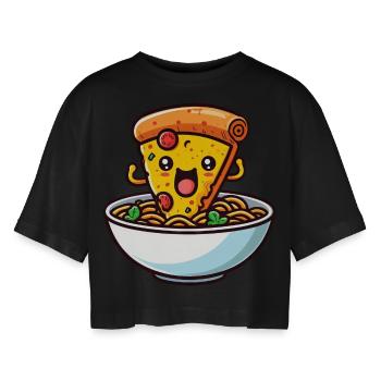 Kawaii Salami Pizza danse dans un bol de soupe de nouilles ramen - T-shirt court oversize Femme - noir - Devant - AI Model Female 172 light (172cm)