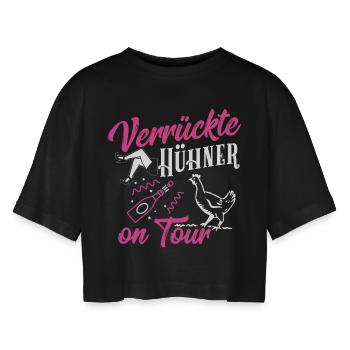 Junggesellinenabschied-Verrückte Hühner on Tour - Frauen Oversized Cropped T-Shirt - Schwarz - Vorne - AI Model Female 172 light (172cm)