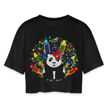 Geburtstags Panda mit Konfetti und Raketen. - Frauen Oversized Cropped T-Shirt - Schwarz - Vorne - AI Model Female 172 light (172cm)