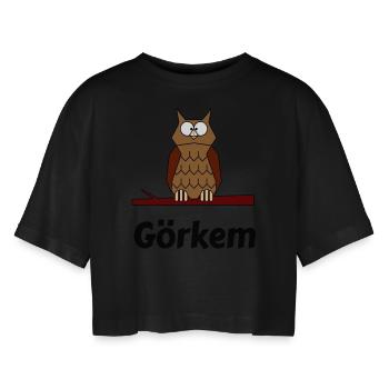 Children School Born Owl Motif Goerkem - Women’s Oversized Cropped T-Shirt - black - Front - AI Model Female 172 light (172cm)