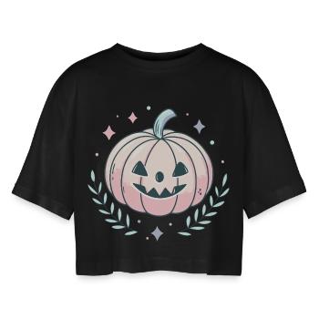 Fröhlicher Pastellkürbis - Frauen Oversized Cropped T-Shirt - Schwarz - Vorne - AI Model Female 172 light (172cm)