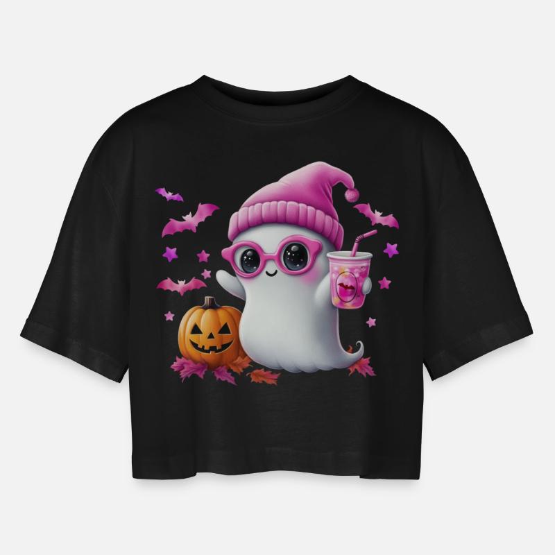 Cute Ghost Halloween Retro Design with Pumpkin - Women’s Oversized Cropped T-Shirt - black