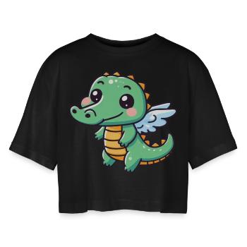 Süßes Krokodil Engel Flügel - Frauen Oversized Cropped T-Shirt - Schwarz - Vorne - AI Model Female 172 light (172cm)