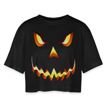 Halloween Kürbis böses Gesicht Verkleidung Pumpkin - Frauen Oversized Cropped T-Shirt - Schwarz - Vorne - AI Model Female 172 light (172cm)