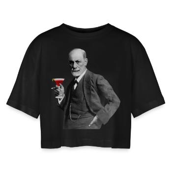 Sigmund Freud mit Cocktail - Frauen Oversized Cropped T-Shirt - Schwarz - Vorne - AI Model Female 172 light (172cm)