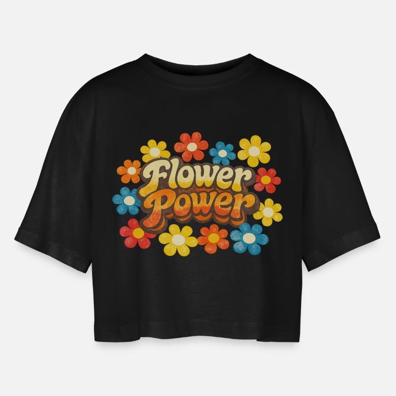 Flower Power Retro - Frauen Oversized Cropped T-Shirt - Schwarz