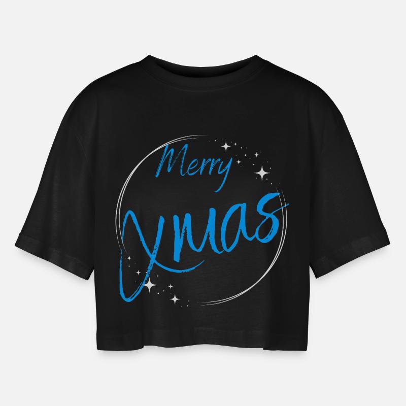 Merry Xmas Script Circle - Women’s Oversized Cropped T-Shirt - black