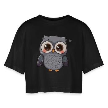 Süße Großaugige Eule Zeichentrickfigur - Frauen Oversized Cropped T-Shirt - Schwarz - Vorne - AI Model Female 172 light (172cm)