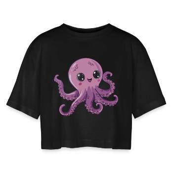Cute Purple Octopus with Big Eyes - Women’s Oversized Cropped T-Shirt - black - Front - AI Model Female 172 light (172cm)