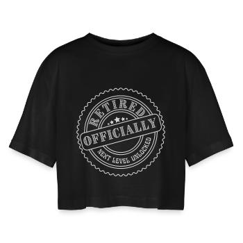 Offiziell im Ruhestand nächstes Level freischalten - Frauen Oversized Cropped T-Shirt - Schwarz - Vorne - AI Model Female 172 light (172cm)