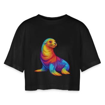 Lion de mer Kawaii coloré dessin animé Animal marin - T-shirt court oversize Femme - noir - Devant - AI Model Female 172 light (172cm)