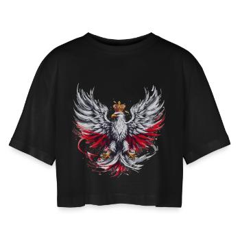 Poland Polska Polish Red White Eagle Golden Crown - Women’s Oversized Cropped T-Shirt - black - Front - AI Model Female 172 light (172cm)