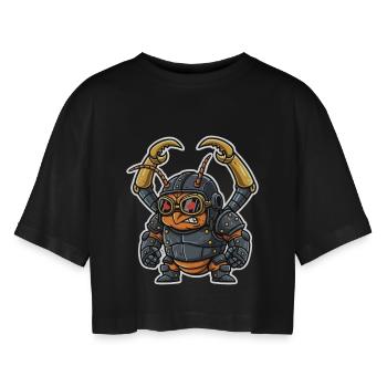 Steampunk-Kampfameisenstahlrüstung und Klammern - Frauen Oversized Cropped T-Shirt - Schwarz - Vorne - AI Model Female 172 light (172cm)