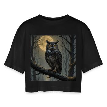 Nocturnal Eagle Owl in the Moon Forest - Women’s Oversized Cropped T-Shirt - black - Front - AI Model Female 172 light (172cm)