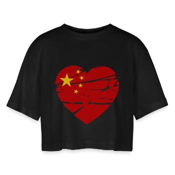 China Flag Heart - Women’s Oversized Cropped T-Shirt - black - Front - AI Model Female 172 light (172cm)