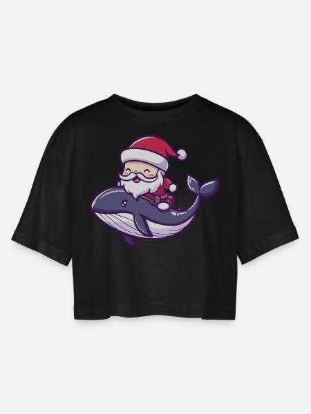 Baleine Père Noël Dessin animé - T-shirt court oversize Femme - noir