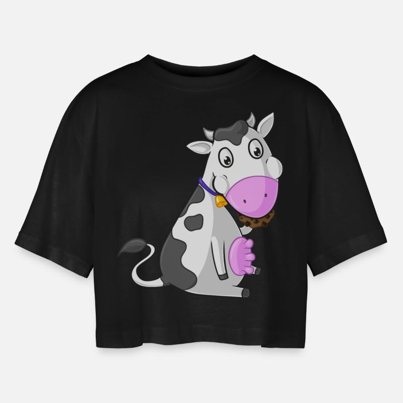 Mulling cartoon cow - Women’s Oversized Cropped T-Shirt - black
