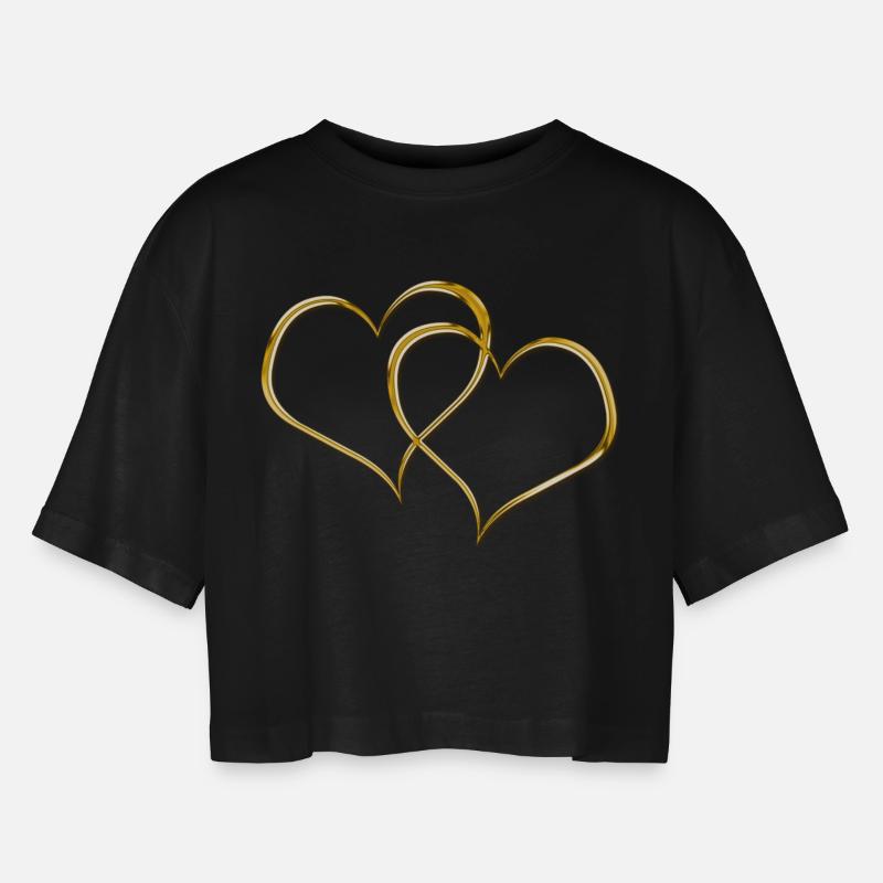 Double Heart GOLD 3D - Women’s Oversized Cropped T-Shirt - black