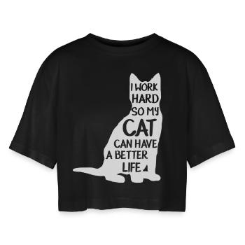 katze mit spruch - Frauen Oversized Cropped T-Shirt - Schwarz - Vorne - AI Model Female 172 light (172cm)