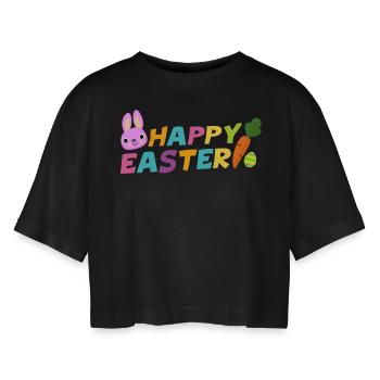 Fröhliche Ostern mit Ei-Karotte u. Häschen Pascha - Frauen Oversized Cropped T-Shirt - Schwarz - Vorne - AI Model Female 172 light (172cm)