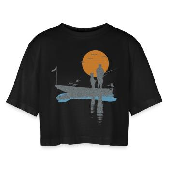 T-shirt pêcheur en bateau avec des oiseaux et du poisson - T-shirt court oversize Femme - noir - Devant - AI Model Female 172 light (172cm)
