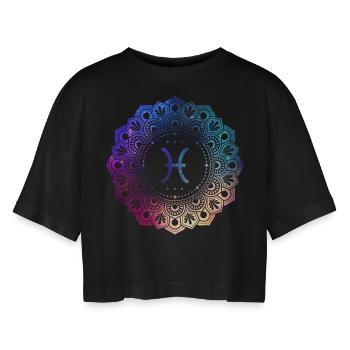 Fische Sternzeichen Symbol Mandala - Frauen Oversized Cropped T-Shirt - Schwarz - Vorne - AI Model Female 172 light (172cm)