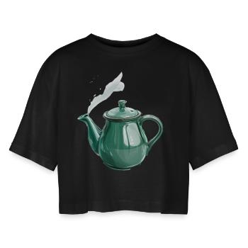 Green Teapot with Magic Steam - Women’s Oversized Cropped T-Shirt - black - Front - AI Model Female 172 light (172cm)