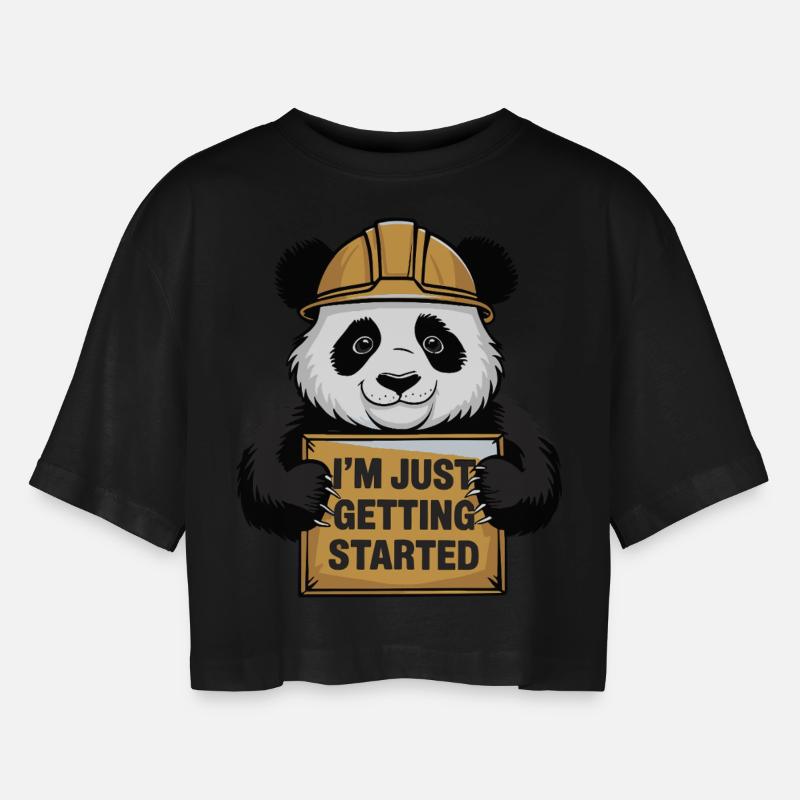 I'm Just Getting Started Panda - Women’s Oversized Cropped T-Shirt - black