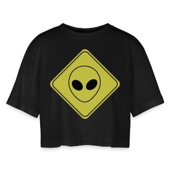 Alien characters - Women’s Oversized Cropped T-Shirt - black - Front - AI Model Female 172 light (172cm)