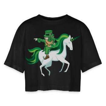 St Patrick Einhorn DAB Kobold gåva rolig - Oversized croppad T-shirt dam - svart - Fram - AI Model Female 172 light (172cm)